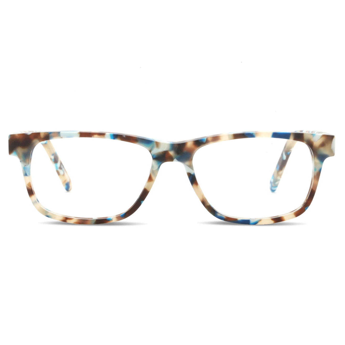 armazones o marcos ópticos de material sustentable reciclado ecológico de forma rectangular de color azul para hombre y mujer de cara redonda#color_blue