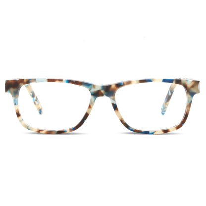 armazones o marcos ópticos de material sustentable reciclado ecológico de forma rectangular de color azul para hombre y mujer de cara redonda#color_blue