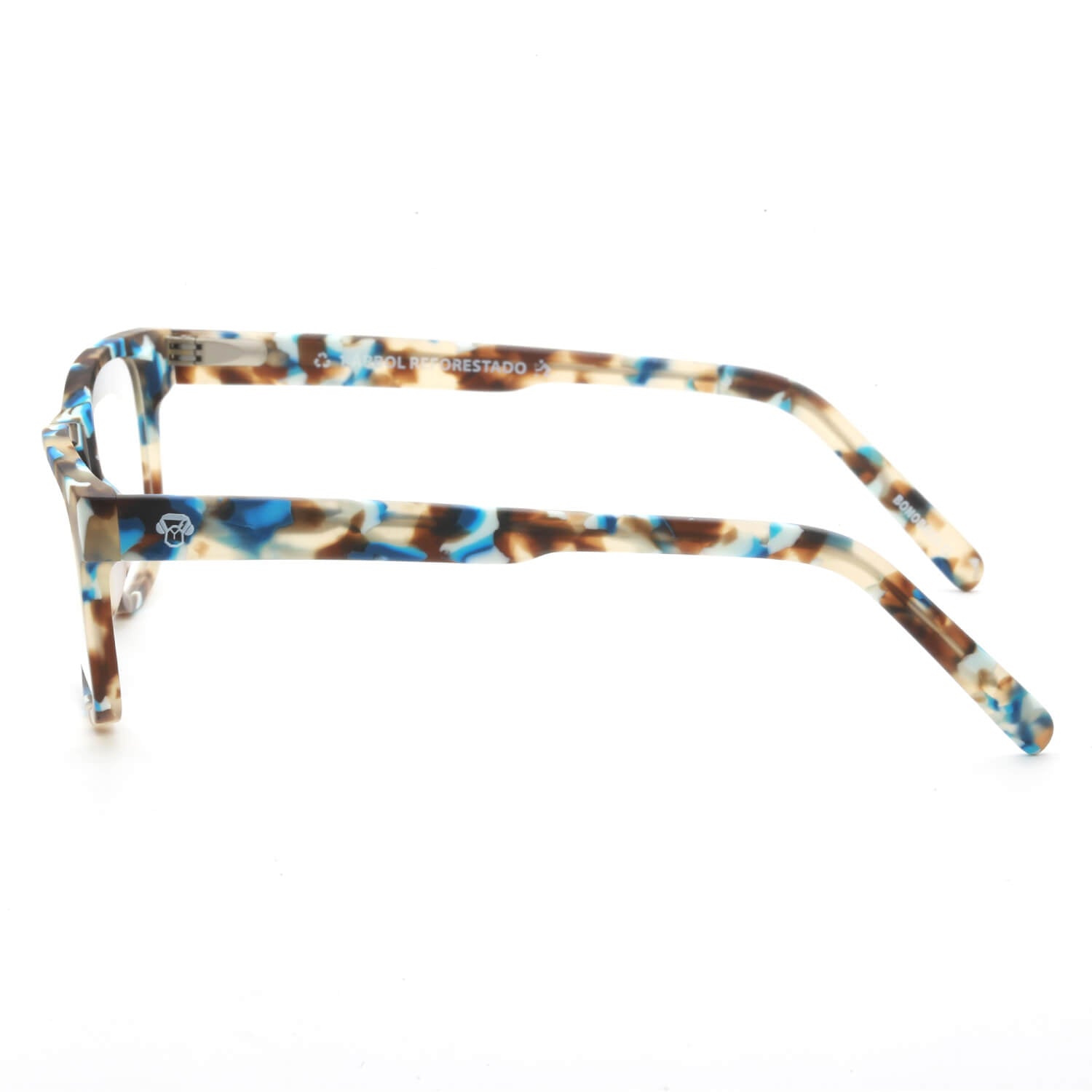 armazones o marcos ópticos de material sustentable reciclado ecológico de forma rectangular de color azul para hombre y mujer de cara redonda#color_blue