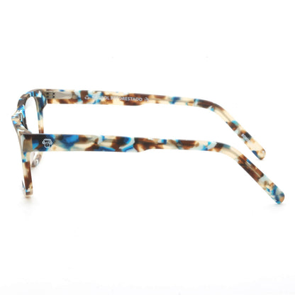 armazones o marcos ópticos de material sustentable reciclado ecológico de forma rectangular de color azul para hombre y mujer de cara redonda#color_blue