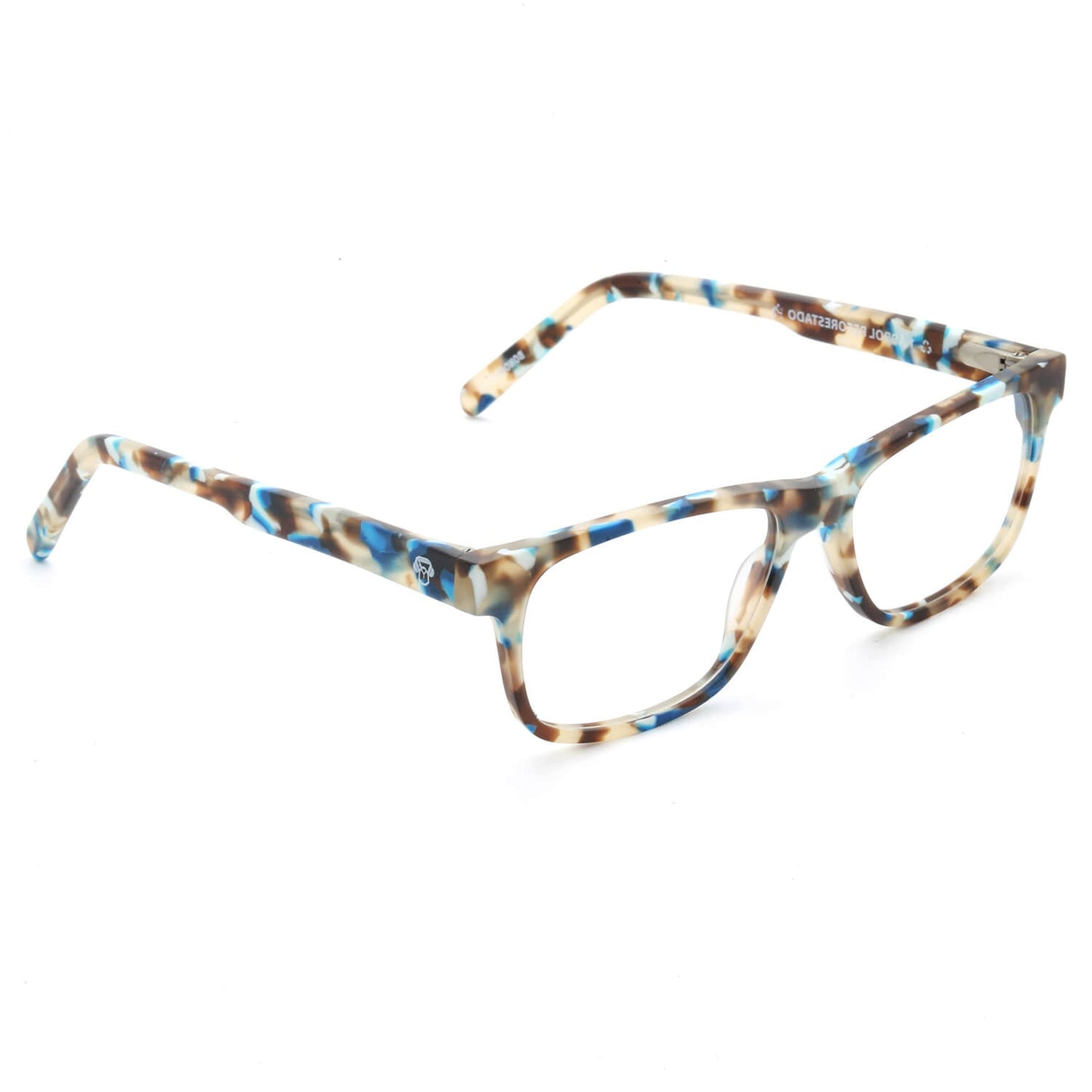 armazones o marcos ópticos de material sustentable reciclado ecológico de forma rectangular de color azul para hombre y mujer de cara redonda#color_blue