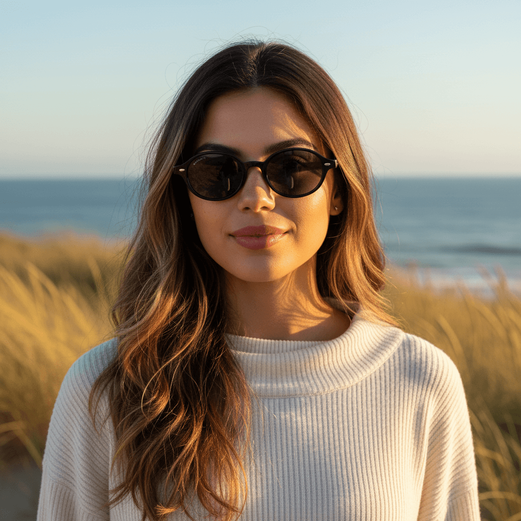 vista frontal de de una modelo mujer usando de sol ovalados color negro con lentes negros. Lentes ovalados retro de moda para hombre y mujer #color_black