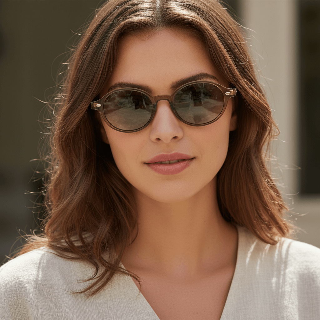 vista frontal gafas de sol polarizadas ovaladas color oliva con lentes de color degrade oliva modelo Capri de Bonoboss. Anteojos ovalados retro de moda para hombre y mujer #color_olive-light