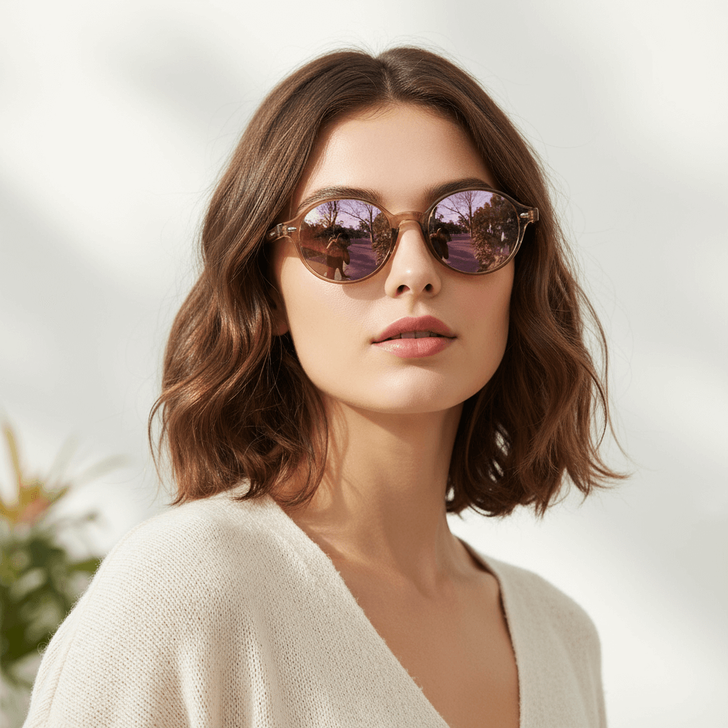 vista frontal de una mujer de cara redonda usando gafas de sol polarizadas ovaladas color rose espejadas con lentes de color rosado espejado modelo Capri de Bonoboss. Anteojos ovalados retro de moda para hombre y mujer #color_rose