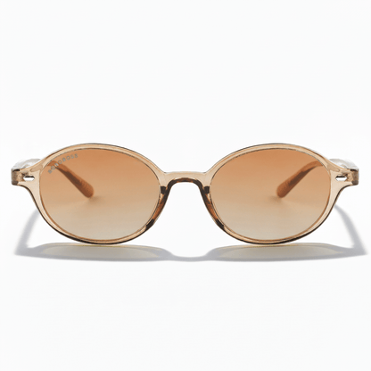 vista frontal de lentes de sol ovalados color champagne con lentes degradé cafe. Lentes ovalados retro de moda para hombre y mujer #color_champagne
