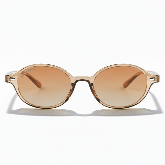 vista frontal de lentes de sol ovalados color champagne con lentes degradé cafe. Lentes ovalados retro de moda para hombre y mujer #color_champagne
