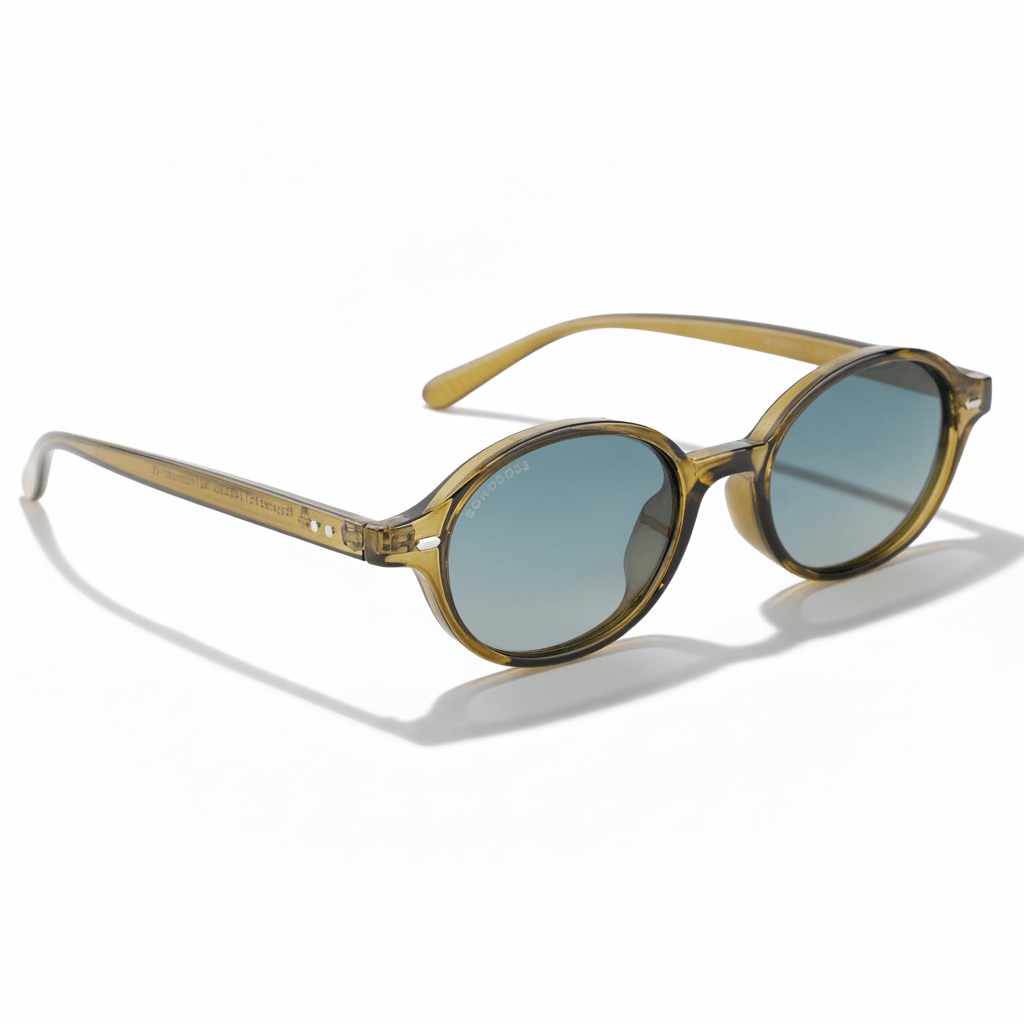 vista angulada de 45º de gafas de sol polarizadas ovaladas color oliva con lentes de color degrade oliva modelo Capri de Bonoboss. Anteojos ovalados retro de moda para hombre y mujer #color_olive-light
