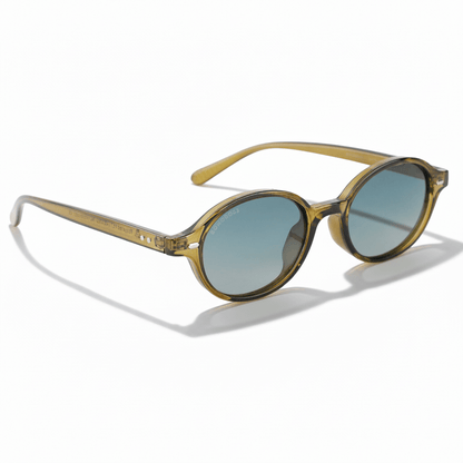 vista angulada de 45º de gafas de sol polarizadas ovaladas color oliva con lentes de color degrade oliva modelo Capri de Bonoboss. Anteojos ovalados retro de moda para hombre y mujer #color_olive-light
