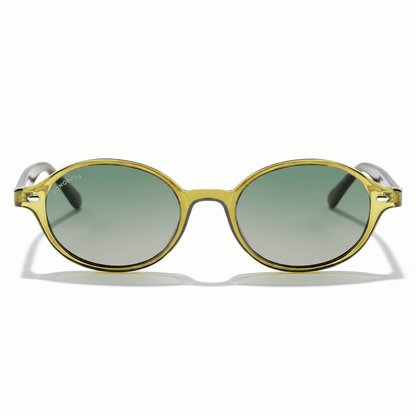 vista frontal gafas de sol polarizadas ovaladas color oliva con lentes de color degrade oliva modelo Capri de Bonoboss. Anteojos ovalados retro de moda para hombre y mujer #color_olive-light