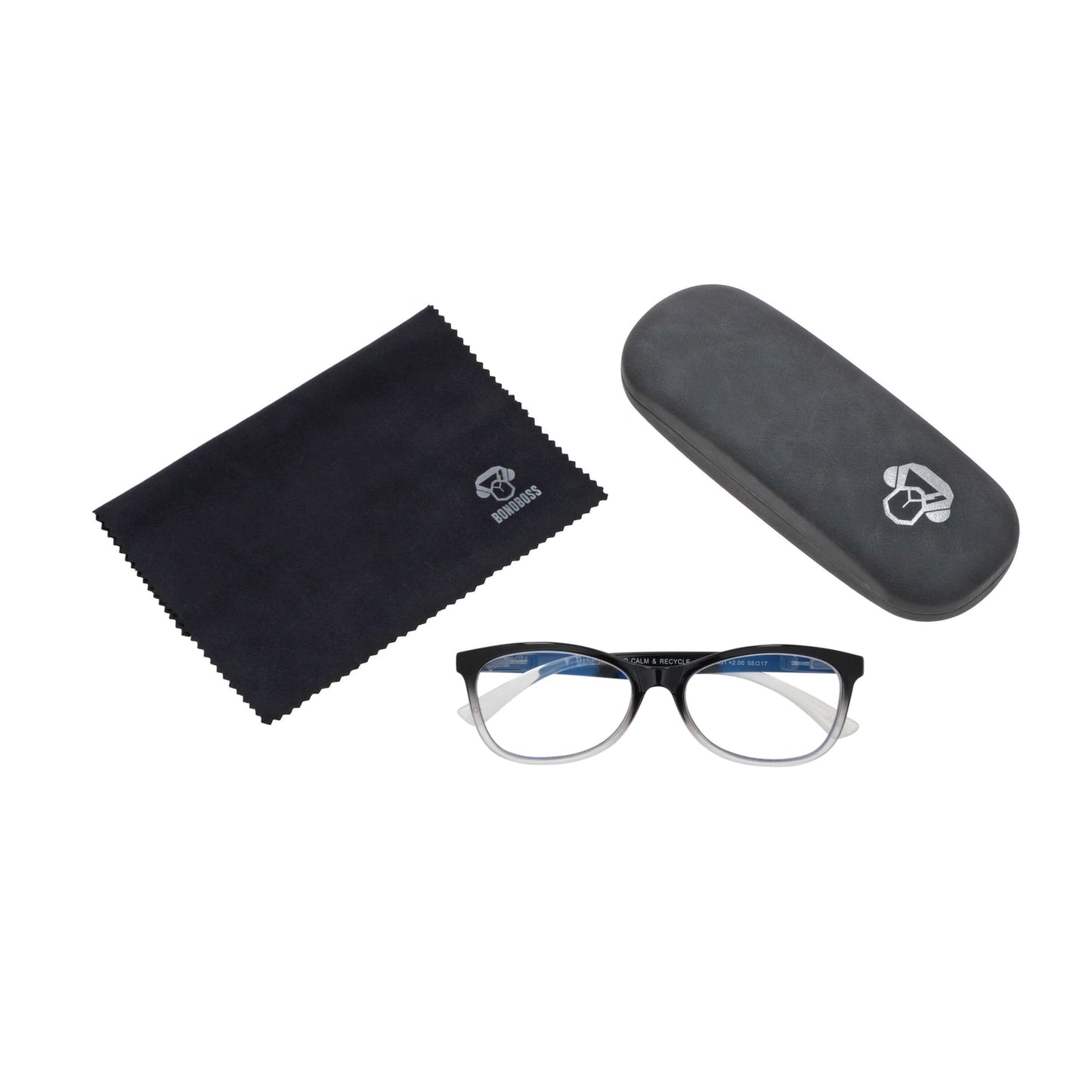 Figaro Stained vista desde arriba de lentes de lectura ovalados para mujer y hombre con filtro de luz azul para las pantallas con estuche rigido tipo almeja y paño de limpieza