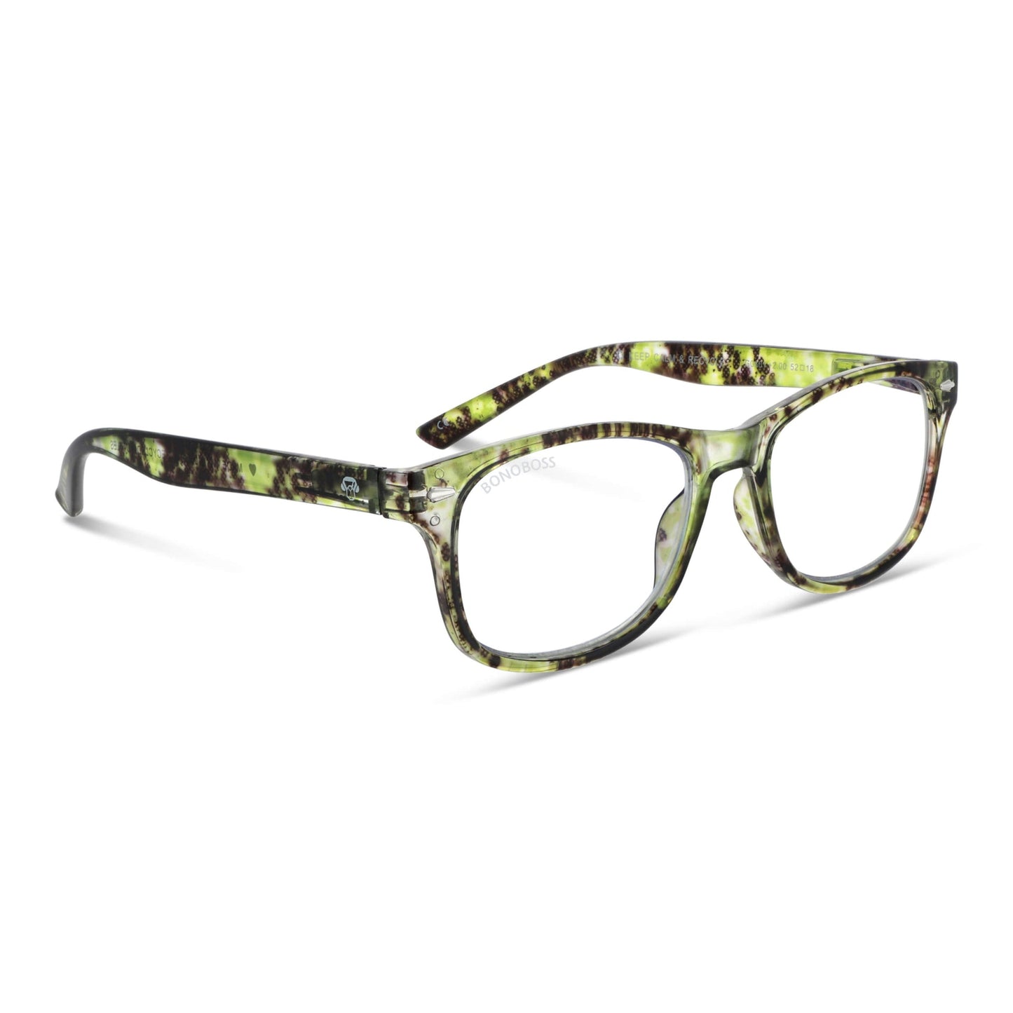 Rapa Nui Green vista angulada de lentes de lectura ovalados para hombre y mujer con filtro de luz azul para las pantallas)