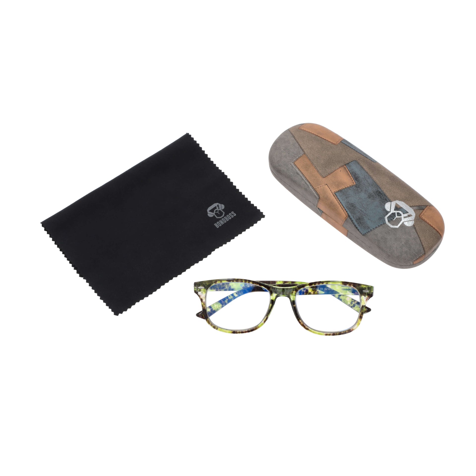 Rapa Nui Green vista desde arriba de lentes de lectura ovalados para hombre y mujer con filtro de luz azul para las pantallas con estuche rigido tipo almeja y paño de limpieza