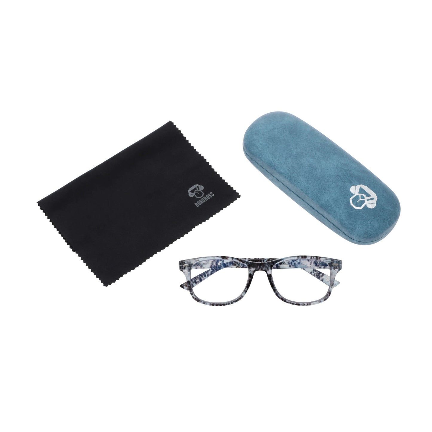 Rapa Nui Gray vista desde arriba de lentes de lectura ovalados para hombre y mujer con filtro de luz azul para las pantallas con estuche rigido tipo almeja y paño de limpieza