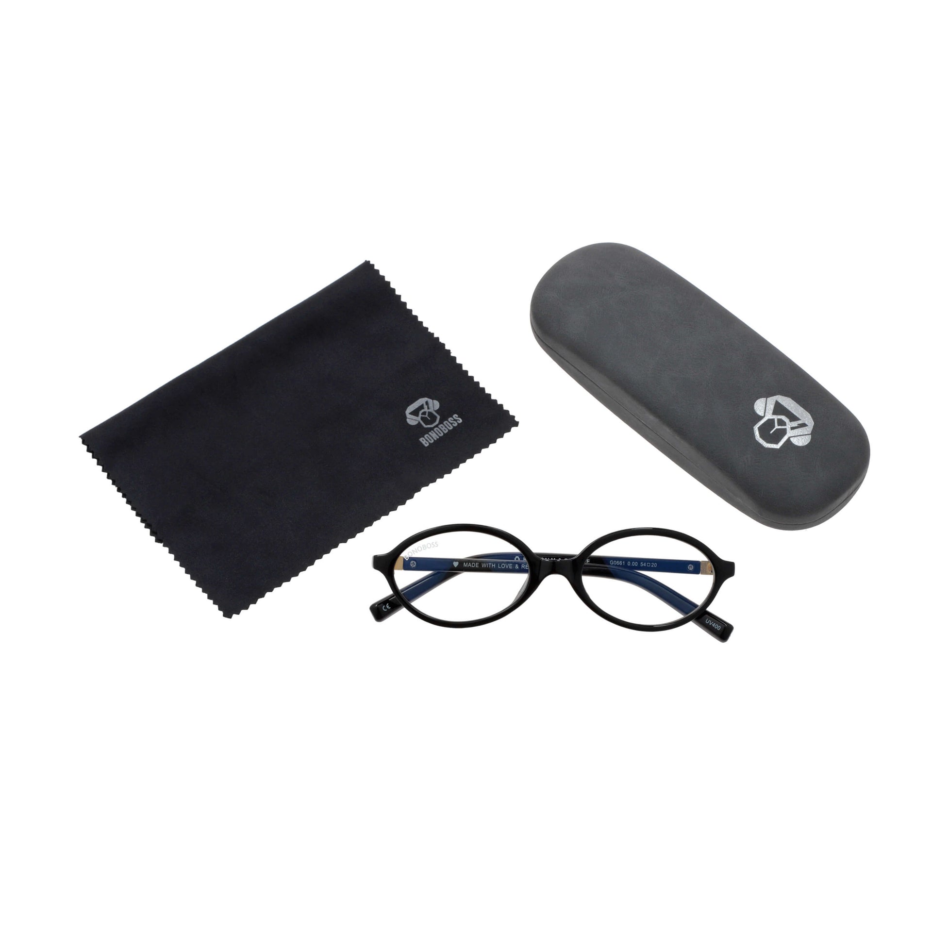 Blueberry Black vista desde arriba de lentes de lectura ovalados para mujer tipo miu miu con filtro de luz azul para las pantallas con estuche rigido tipo almeja y paño de limpieza