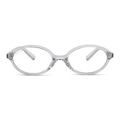 Blueberry Transparente vista frontal de lentes de lectura ovalados para mujer tipo miu miu con filtro de luz azul para las pantallas