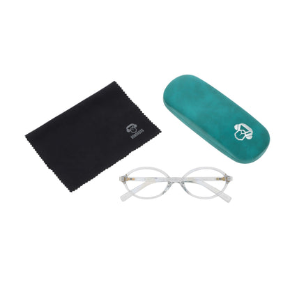 Blueberry Transparente vista desde arriba de lentes de lectura ovalados para mujer tipo miu miu con filtro de luz azul para las pantallas con estuche rigido tipo almeja y paño de limpieza