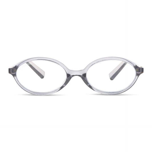 Blueberry Gris vista frontal de lentes de lectura ovalados para mujer tipo miu miu con filtro de luz azul para las pantallas
