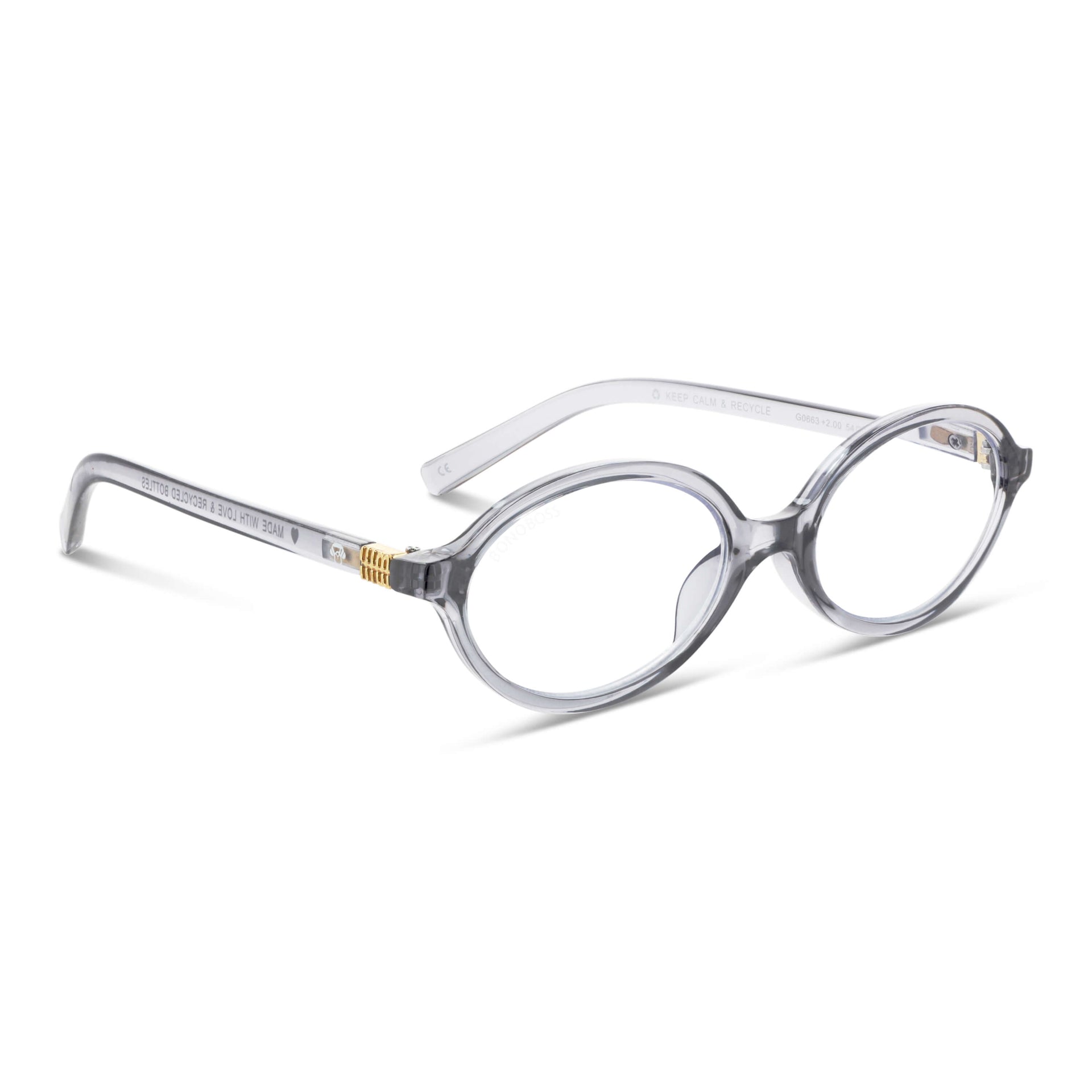 Blueberry Gris vista angulada de lentes de lectura ovalados para mujer tipo miu miu con filtro de luz azul para las pantallas)