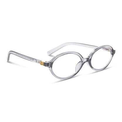 Blueberry Gris vista angulada de lentes de lectura ovalados para mujer tipo miu miu con filtro de luz azul para las pantallas)