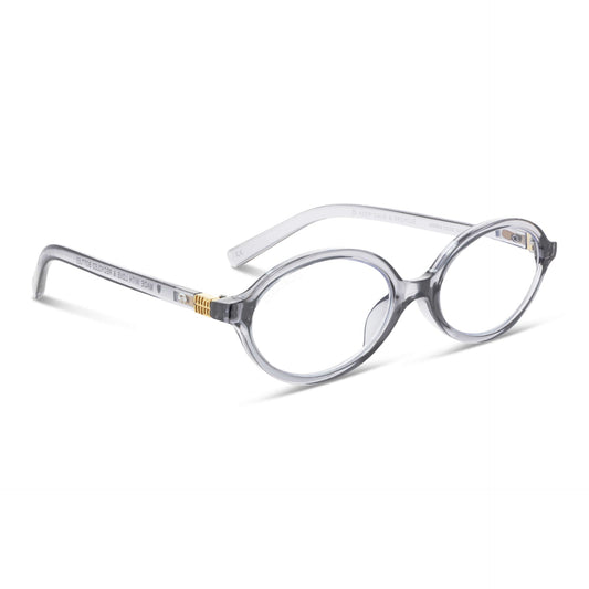 Blueberry Gris vista angulada de lentes de lectura ovalados para mujer tipo miu miu con filtro de luz azul para las pantallas)
