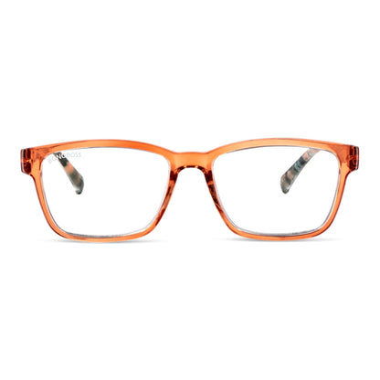Lennox Island Mandarin vista frontal de lentes de lectura ovalados para mujer y hombre con marco armazon de plastico reciclado y colores distintos con filtro de luz azul para las pantallas