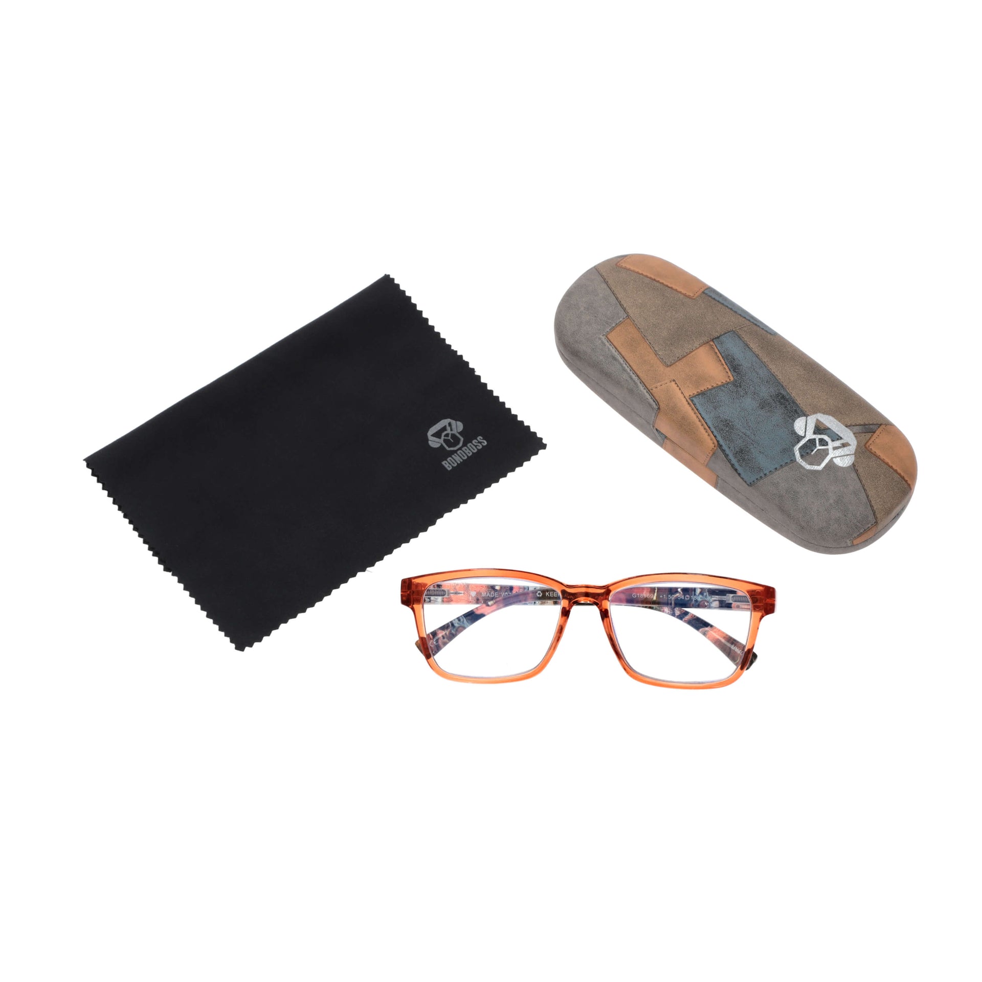 Lennox Island Mandarin vista desde arriba de lentes de lectura ovalados para mujer y hombre marco de plastico reciclado de colores con filtro de luz azul para las pantallas con estuche rigido tipo almeja y paño de limpieza