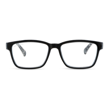 Lennox Island Black vista frontal de lentes de lectura ovalados para mujer y hombre con marco armazon de plastico reciclado y colores distintos con filtro de luz azul para las pantallas