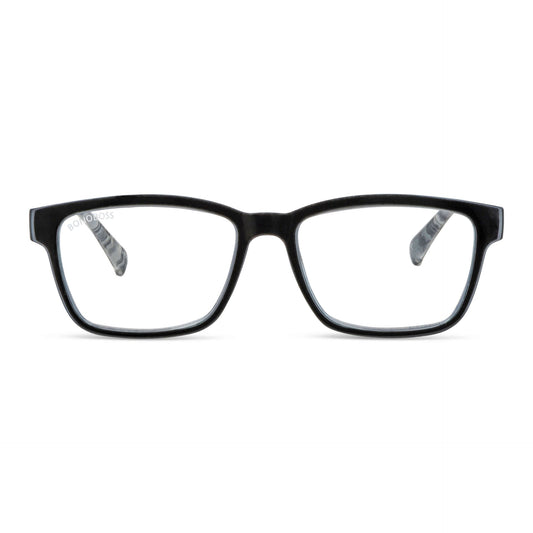 Lennox Island Black vista frontal de lentes de lectura ovalados para mujer y hombre con marco armazon de plastico reciclado y colores distintos con filtro de luz azul para las pantallas