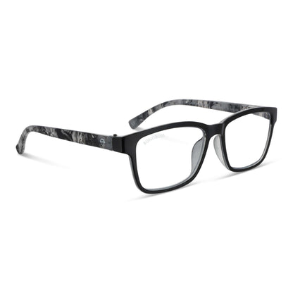 Lennox Island Black vista angulada de lentes de lectura ovalados para mujer y hombre con armazon de plastico reciclados y colores distintos exclusivos con filtro de luz azul para las pantallas)