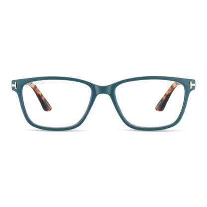 Puerto Williams Teal vista frontal de lentes de lectura ovalados para mujer y hombre con marco armazon de plastico reciclado y colores distintos con filtro de luz azul para las pantallas