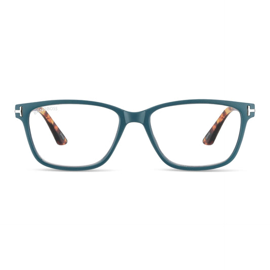 Puerto Williams Teal vista frontal de lentes de lectura ovalados para mujer y hombre con marco armazon de plastico reciclado y colores distintos con filtro de luz azul para las pantallas