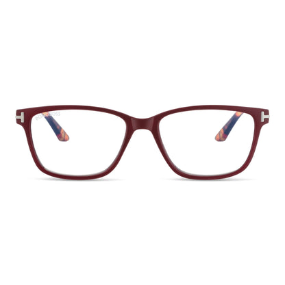 Puerto Williams Red vista frontal de lentes de lectura ovalados para mujer y hombre con marco armazon de plastico reciclado y colores distintos con filtro de luz azul para las pantallas