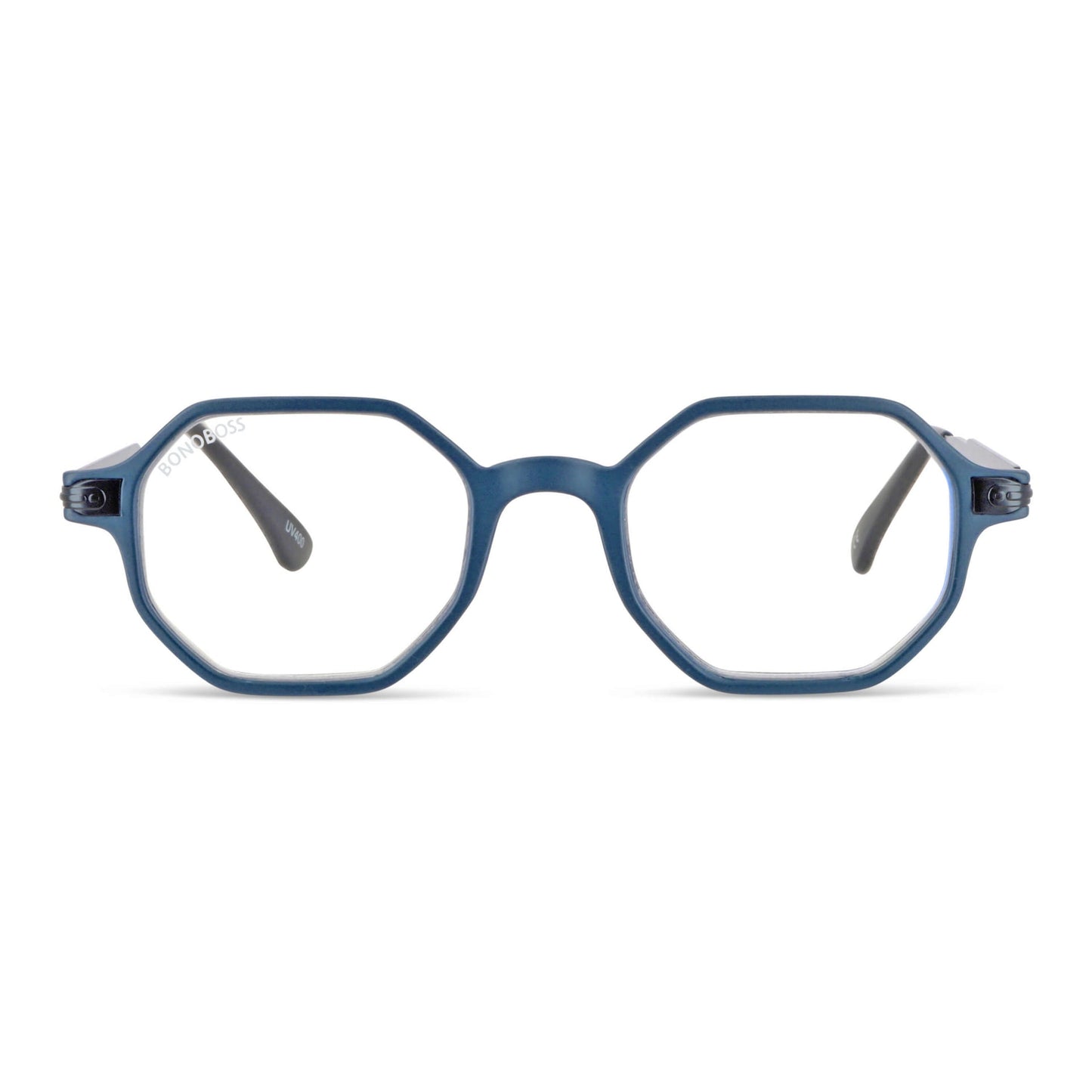 Puerto Octay Blue vista angulada anteojos gafas de lectura para leer de cerca de forma geometrica octagonales de color azul para hombre y mujer de cara redonda grande en plastico reciclado y lentes con filtro de luz azul