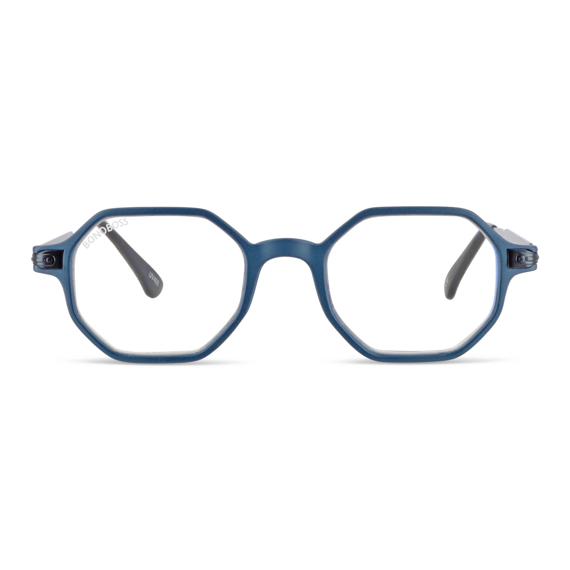 Puerto Octay Blue vista angulada anteojos gafas de lectura para leer de cerca de forma geometrica octagonales de color azul para hombre y mujer de cara redonda grande en plastico reciclado y lentes con filtro de luz azul