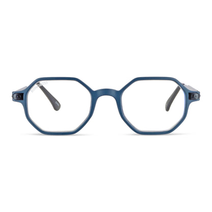 Puerto Octay Blue vista angulada anteojos gafas de lectura para leer de cerca de forma geometrica octagonales de color azul para hombre y mujer de cara redonda grande en plastico reciclado y lentes con filtro de luz azul