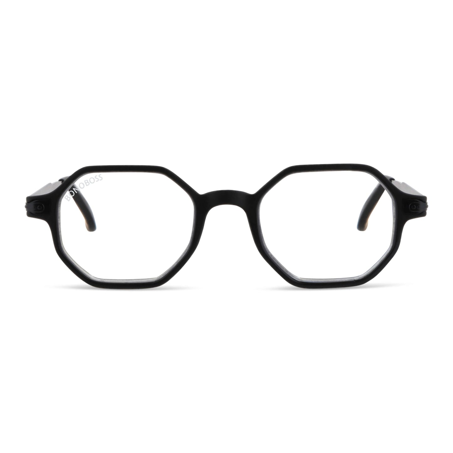 Puerto Octay Black vista desde arriba anteojos gafas de lectura para leer de cerca de forma geometrica octagonales de color azul para hombre y mujer de cara redonda grande en plastico reciclado y lentes con filtro de luz azul con estuche rigido tipo almeja y paño de limpieza