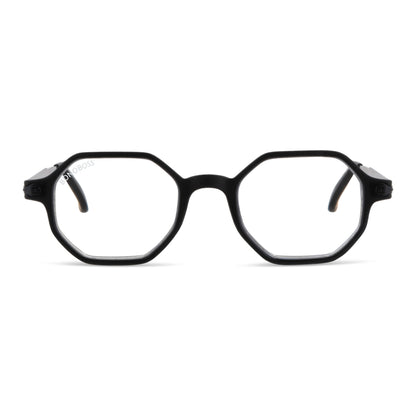 Puerto Octay Black vista desde arriba anteojos gafas de lectura para leer de cerca de forma geometrica octagonales de color azul para hombre y mujer de cara redonda grande en plastico reciclado y lentes con filtro de luz azul con estuche rigido tipo almeja y paño de limpieza