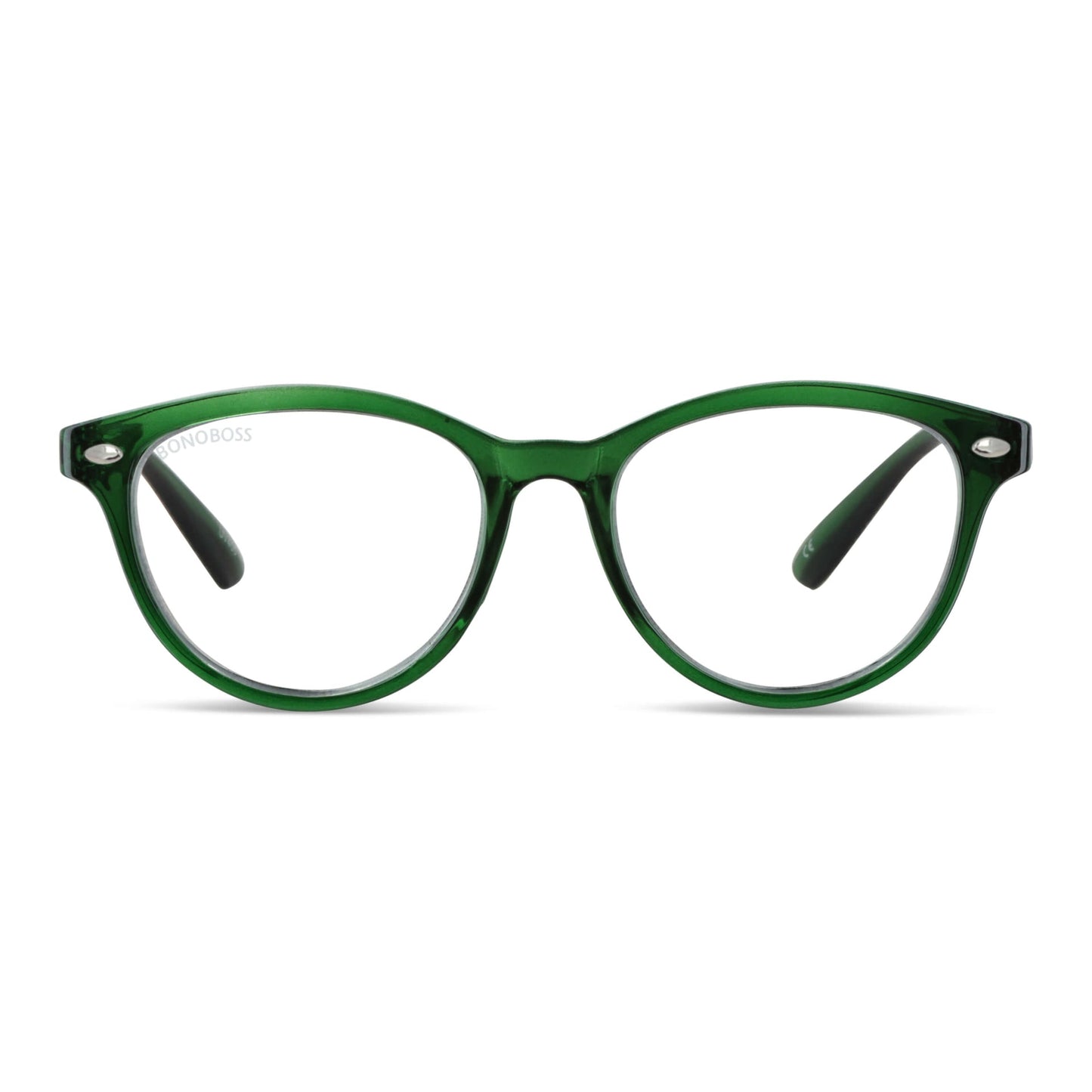 Beagle Channel Green vista frontal de anteojos de lectura presbicie leer agatados para mujer de cara redonda grande marco armazon de plastico reciclado y colores distintos con filtro de luz azul para las pantallas