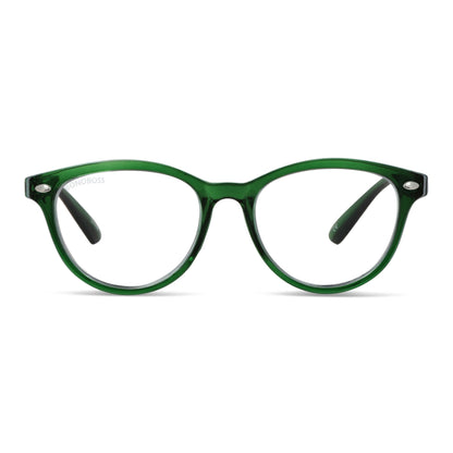 Beagle Channel Green vista frontal de anteojos de lectura presbicie leer agatados para mujer de cara redonda grande marco armazon de plastico reciclado y colores distintos con filtro de luz azul para las pantallas