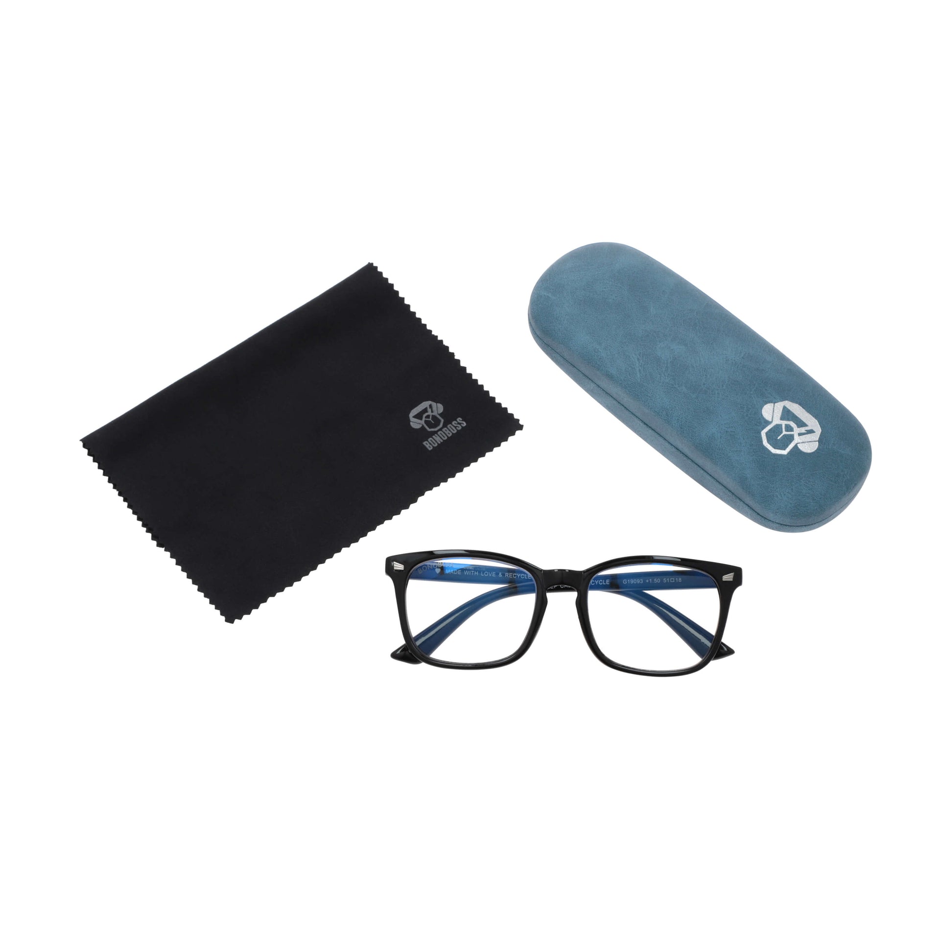 Oncol Black vista desde arriba de lentes de presbicia de lectura presbicie leer redondos ovalados para hombre y mujer de cara redonda grande marco de plastico reciclado de colores con filtro de luz azul para las pantallas con estuche rigido tipo almeja y paño de limpieza