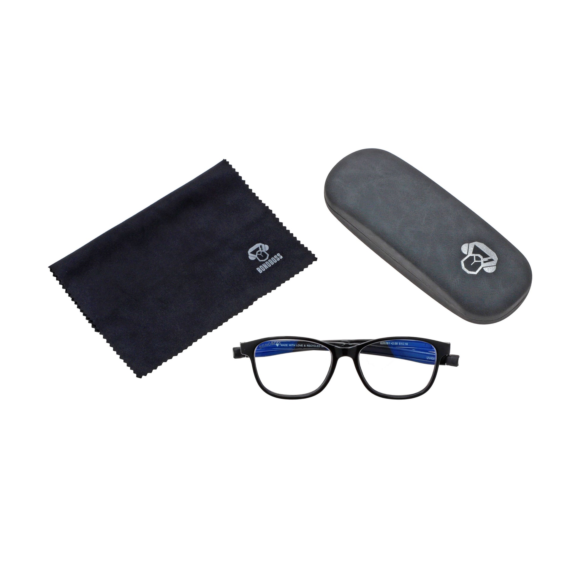 Slack Black vista desde arriba de lentes de lectura con colgante incorporado que cuelgan del cuello para hombre de cara redonda grande con estuche y paño