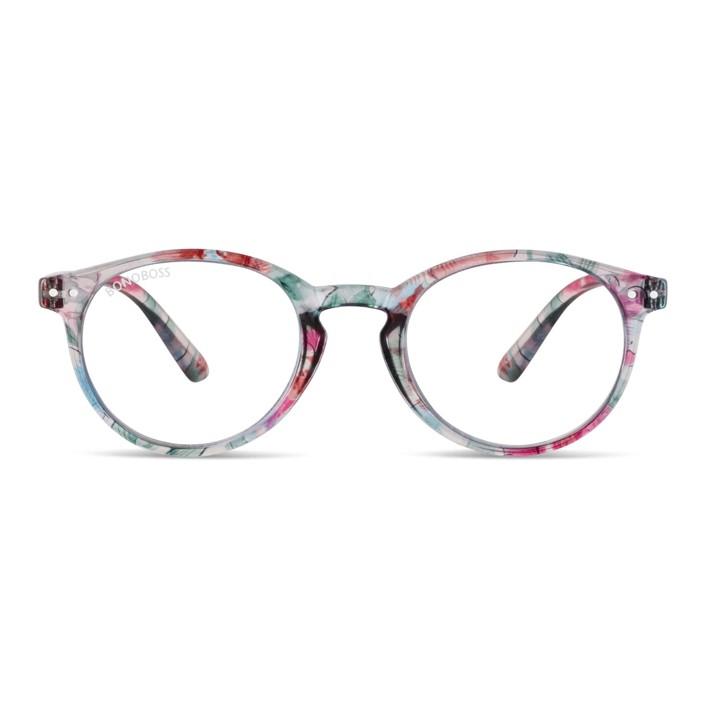 Gordon Island Floral vista frontal de anteojos de lectura redondos para mujer y hombre con marco armazon de plastico reciclado y colores distintos con filtro de luz azul para las pantallas