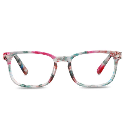 anteojos o lentes de lectura para presbicie vista cansada de colores vistosos, transparente, verde, rosado y naranja. Vista frontal con forma semi cuadrada