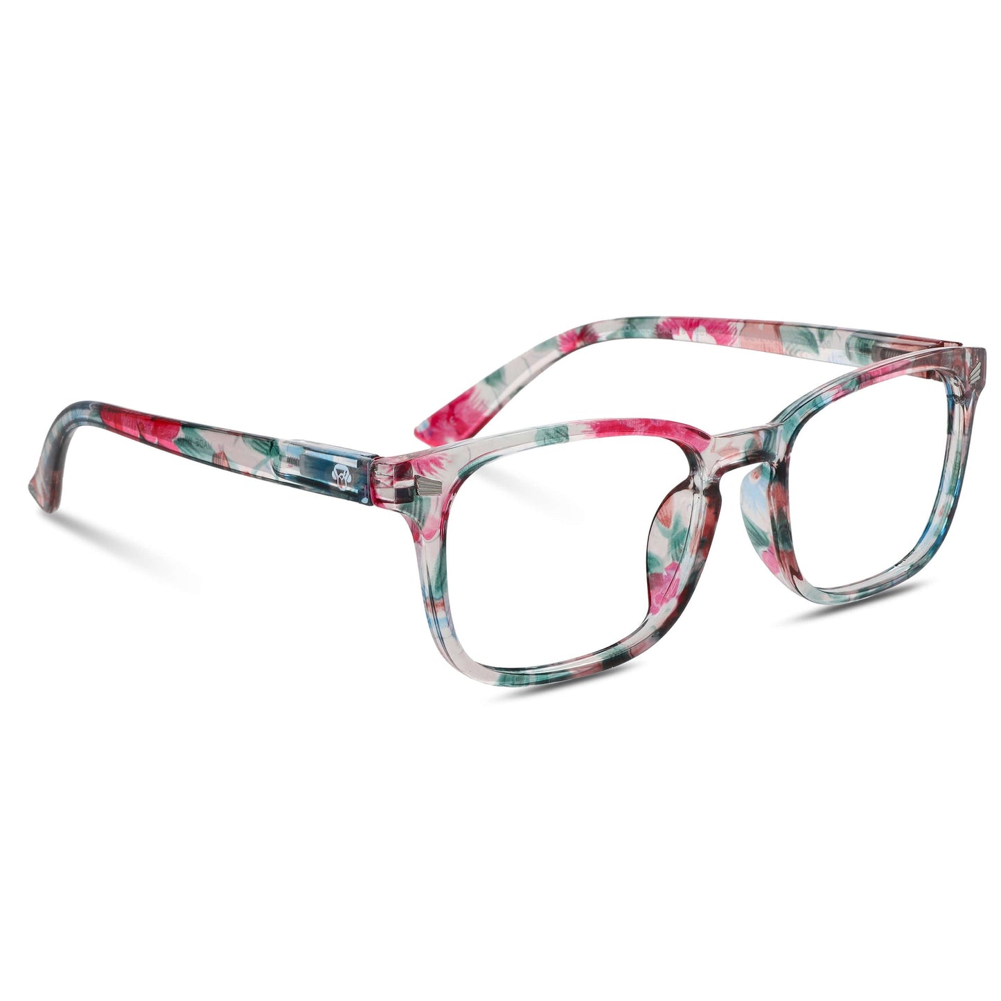 anteojos o lentes de lectura para presbicie vista cansada de colores vistosos, transparente, verde, rosado y naranja. Vista angulada con forma semi cuadrada