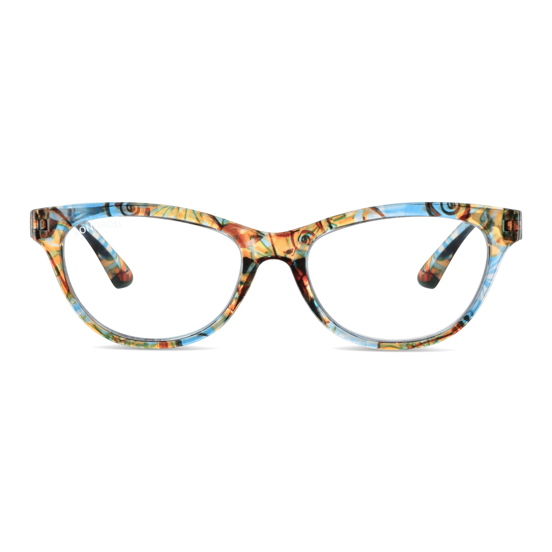 modelo Alice de Bonoboss anteojos gafas de lectura con filtro de luz azul de plastico reciclado en una vista angulada sobre fondo blanco. lentes de color transparente y marco azul.