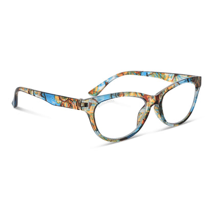 vista frontal de lentes agatados para mujer de cara redonda grande de color azul con lentes de filtro azul
