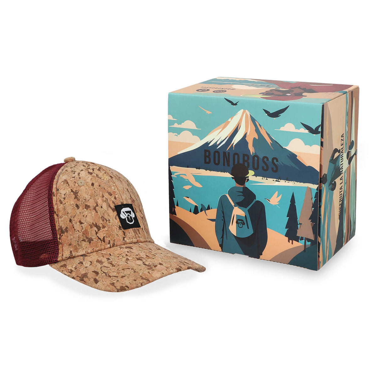 Gorro Malla Corcho Burdeo gorra ángulo 3/4 mostrando corcho sustentable