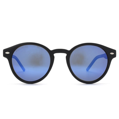 Joplin RPET clásico lentes de sol madera cristal espejado azul vista frontal con protección UV400 #color_espejado-azul