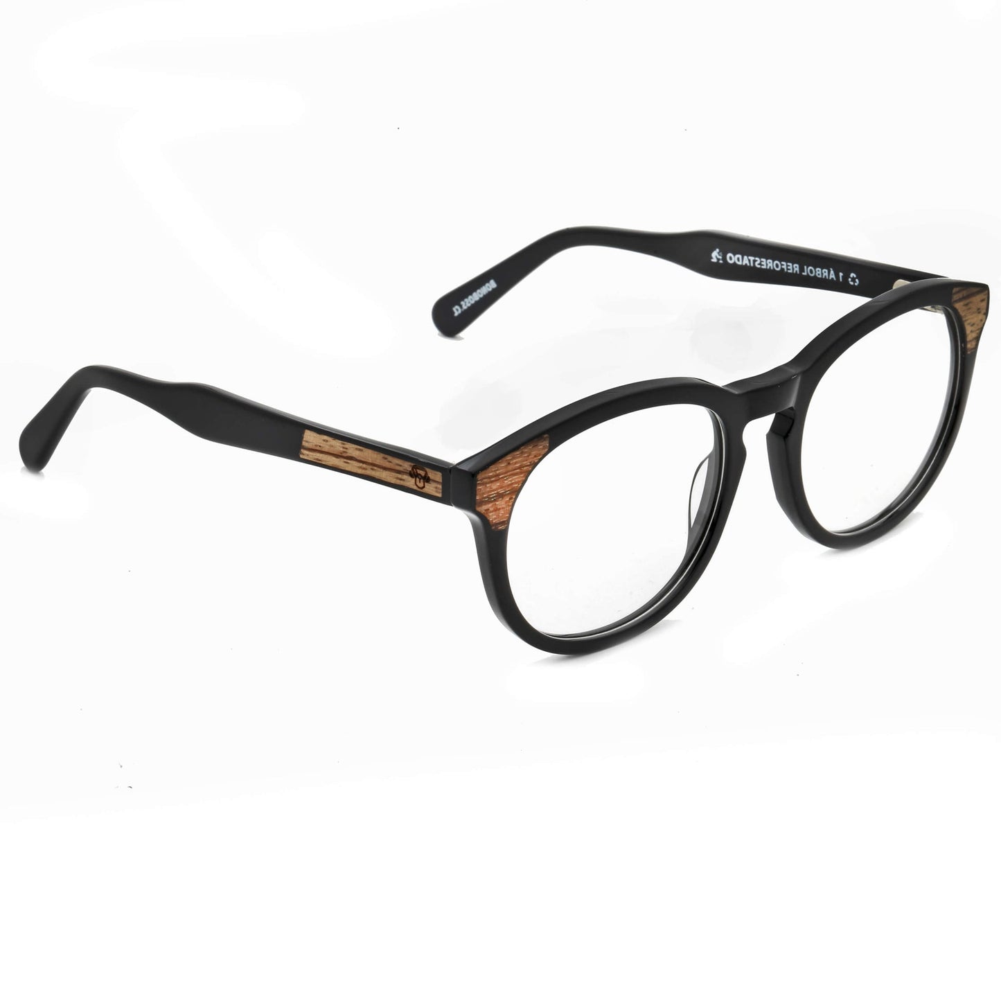marcos ópticos armazones sustentables redondos de acetato con madera natural chiloe 0084 negro angular mayorista de optica regalos corporativos ecologicos hombre de cara ovalada#color_negro