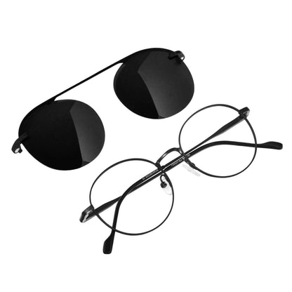 marcos ópticos redondos metalicos con clip de sol polarizado para hombre y mujer. armazones ópticos redondos de moda #color_negro